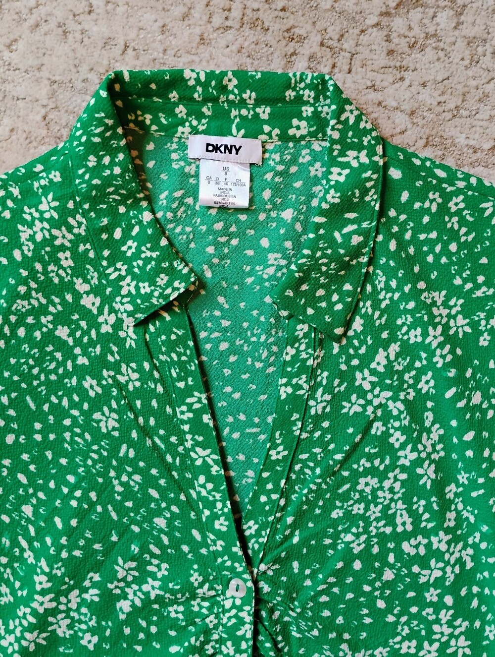 NWT 8 DKNY Green And White Floral 3/4 Sleeve Button Front Midi Shirt Dress NEW - Picture 4 of 13